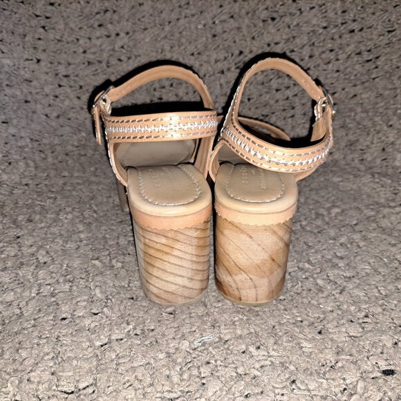 SANDRO-Audrey-Tan Leather-Contrast Stitch-Ankle Strap-Wood Heel-Sz 37/6.5-NM - Picture 5 of 9